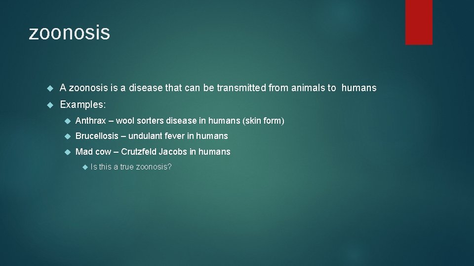 zoonosis A zoonosis is a disease that can be transmitted from animals to humans