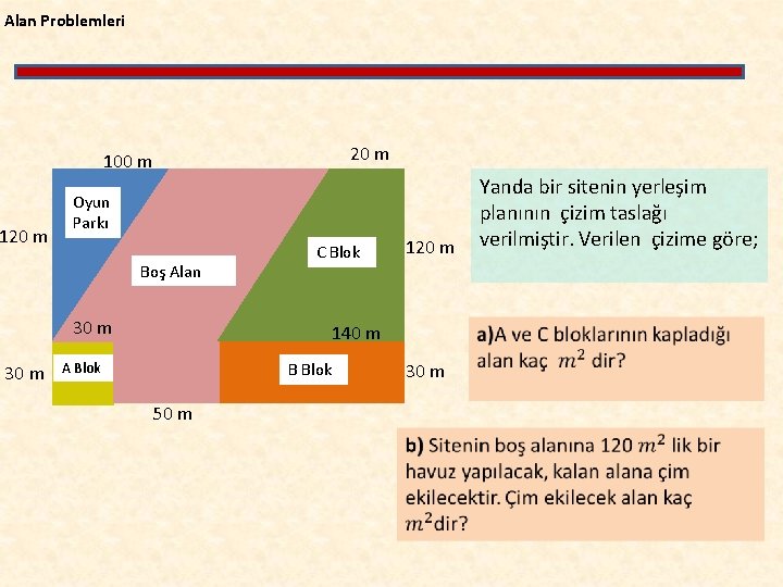 Alan Problemleri 20 m 100 m 120 m Oyun Parkı Boş Alan 30 m