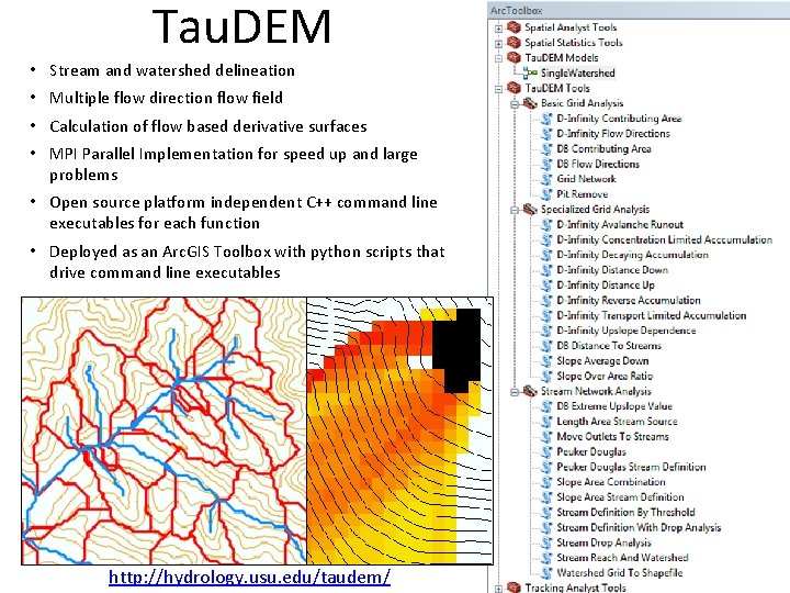 Tau. DEM • Stream and watershed delineation • Multiple flow direction flow field •