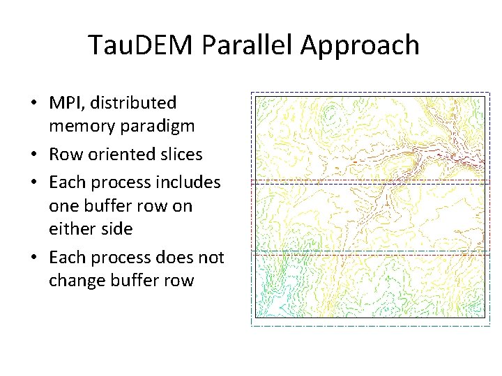 Tau. DEM Parallel Approach • MPI, distributed memory paradigm • Row oriented slices •