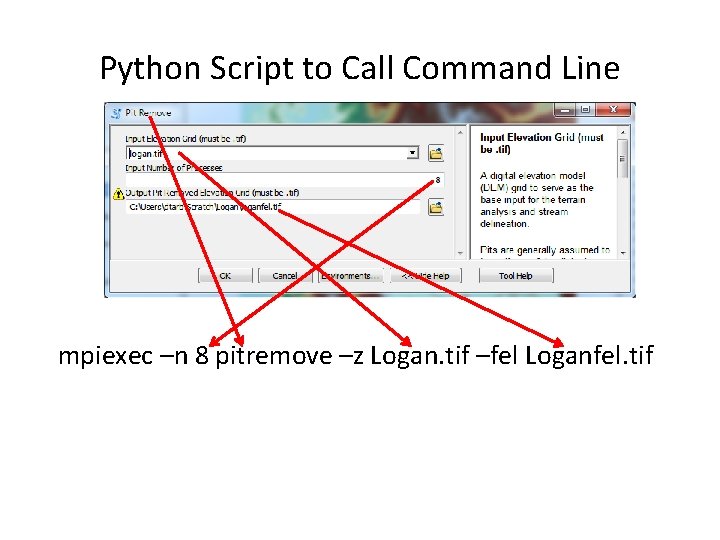 Python Script to Call Command Line mpiexec –n 8 pitremove –z Logan. tif –fel