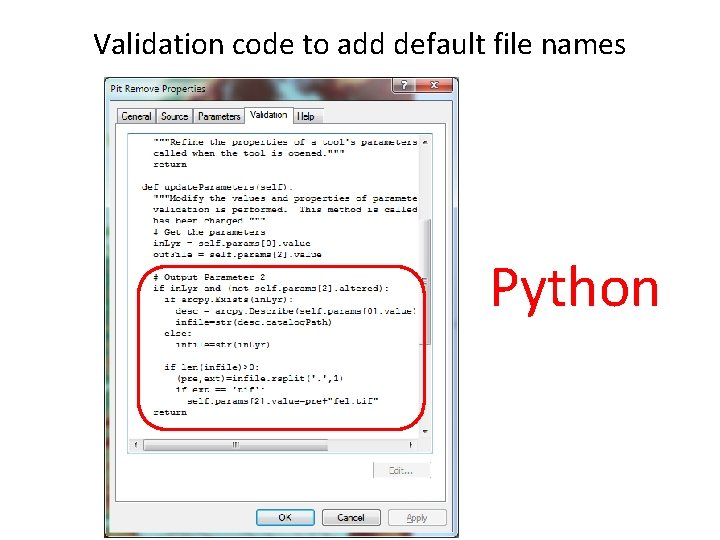 Validation code to add default file names Python 