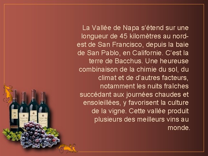 La Vallée de Napa s’étend sur une longueur de 45 kilomètres au nordest de