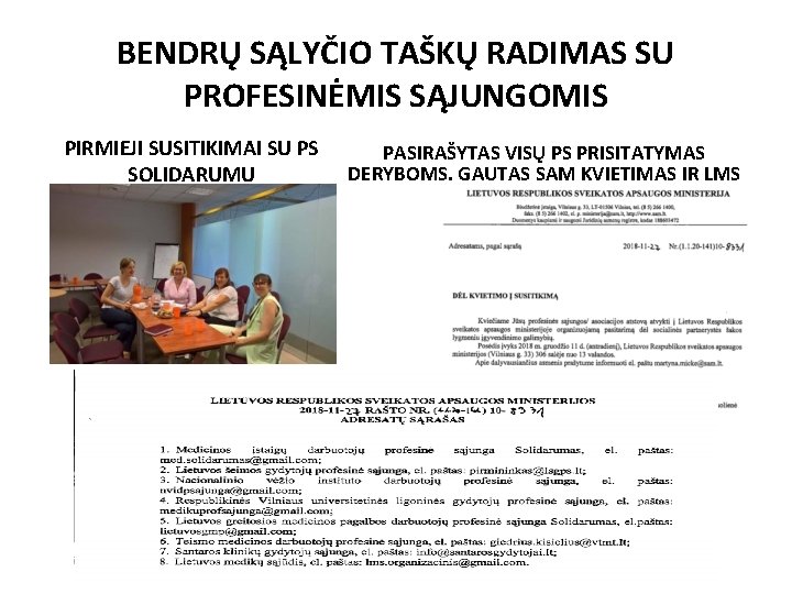 BENDRŲ SĄLYČIO TAŠKŲ RADIMAS SU PROFESINĖMIS SĄJUNGOMIS PIRMIEJI SUSITIKIMAI SU PS SOLIDARUMU PASIRAŠYTAS VISŲ