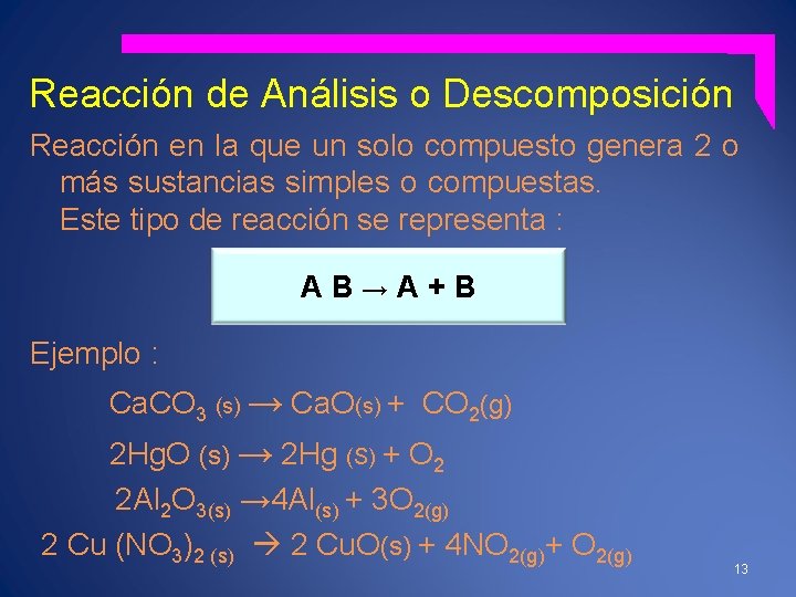 Reacción de Análisis o Descomposición Reacción en la que un solo compuesto genera 2