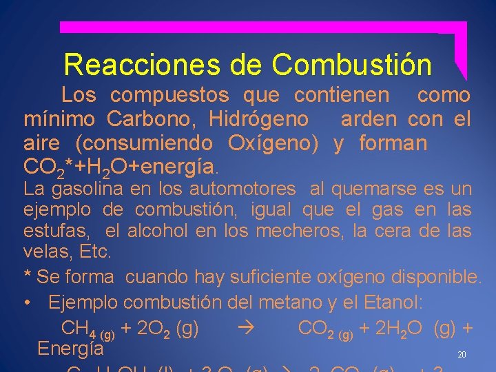 Reacciones de Combustión Los compuestos que contienen como mínimo Carbono, Hidrógeno arden con el