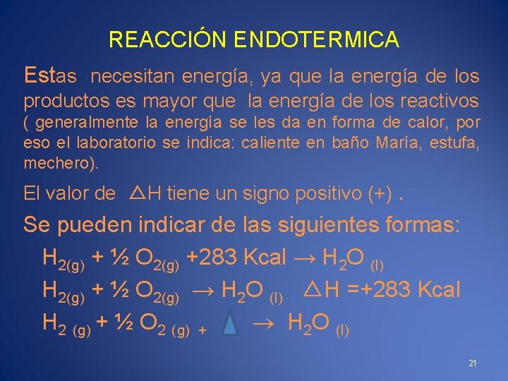 REACCIÓN ENDOTERMICA Estas necesitan energía, ya que la energía de los productos es mayor