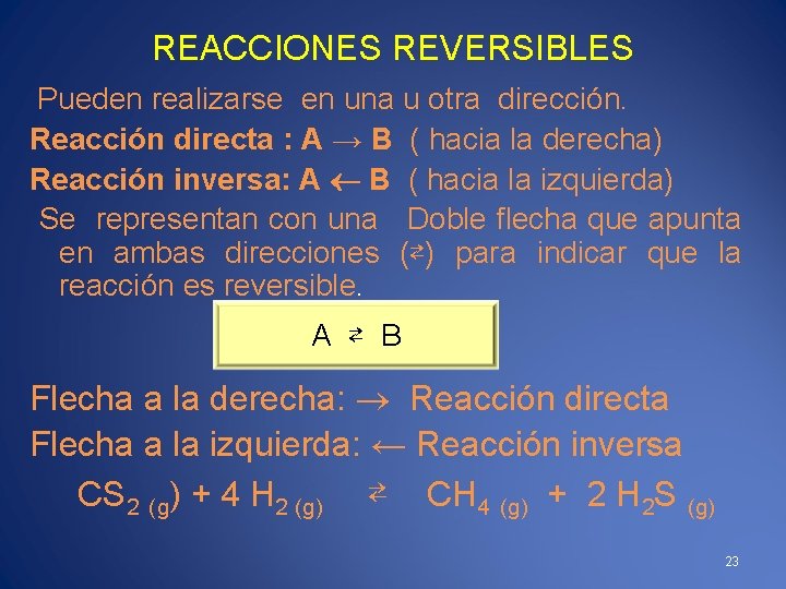 REACCIONES REVERSIBLES Pueden realizarse en una u otra dirección. Reacción directa : A →