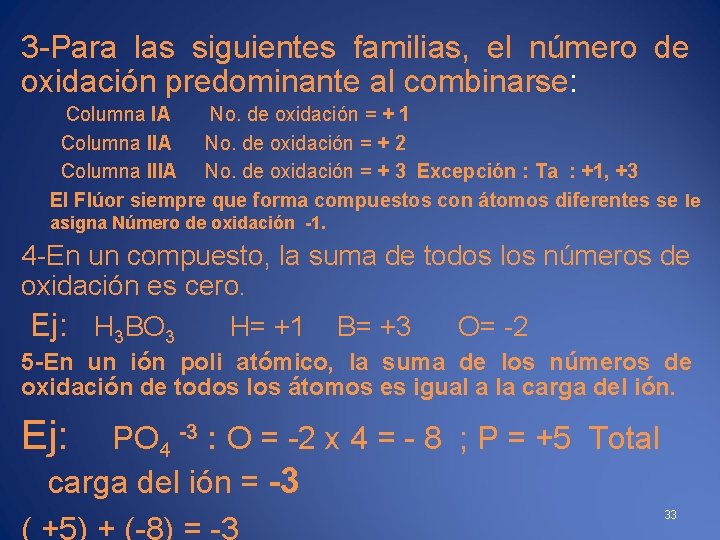 3 -Para las siguientes familias, el número de oxidación predominante al combinarse: Columna IA