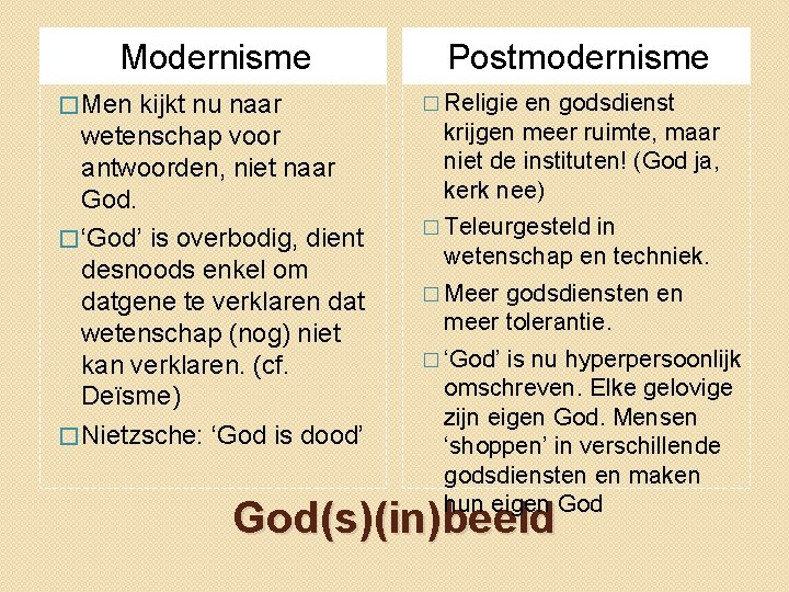 Modernisme � Men kijkt nu naar wetenschap voor antwoorden, niet naar God. � ‘God’