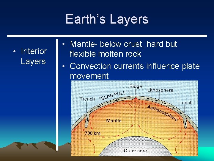 Earth’s Layers • Interior Layers • Mantle- below crust, hard but flexible molten rock