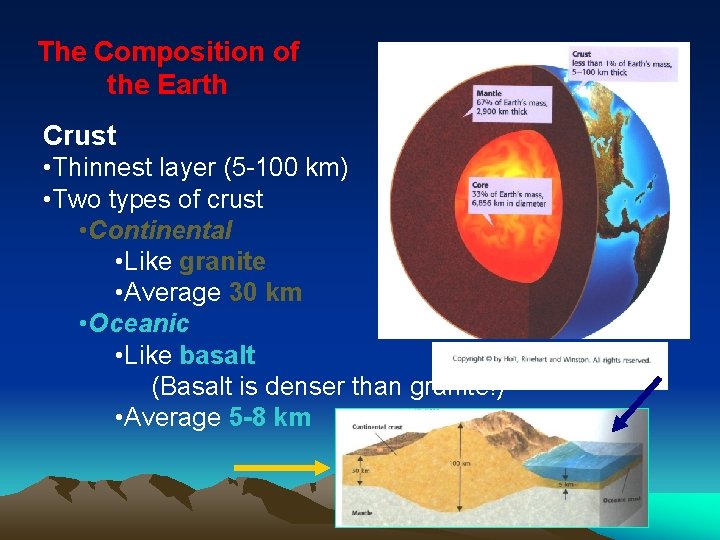 The Composition of the Earth Crust • Thinnest layer (5 -100 km) • Two