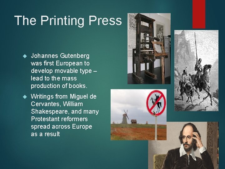 The Printing Press Johannes Gutenberg was first European to develop movable type – lead