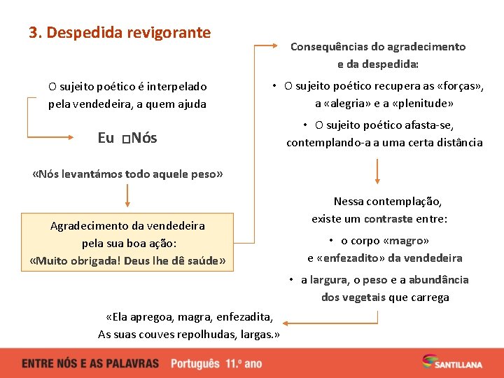 3. Despedida revigorante O sujeito poético é interpelado pela vendedeira, a quem ajuda Consequências