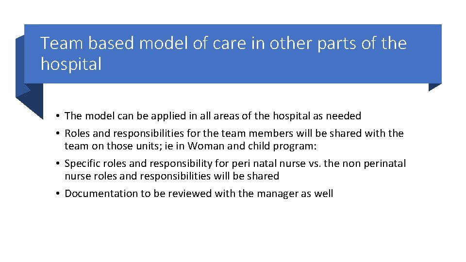 Team based model of care in other parts of the hospital • The model