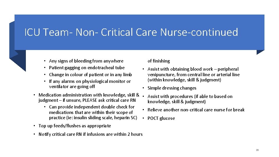ICU Team- Non- Critical Care Nurse-continued • • Any signs of bleeding from anywhere