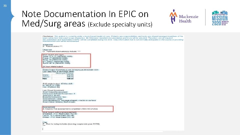 23 Note Documentation In EPIC on Med/Surg areas (Exclude specialty units) 