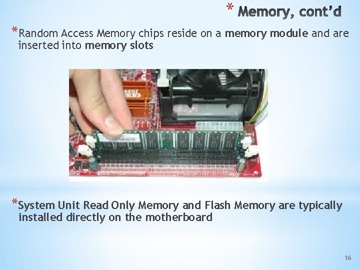* *Random Access Memory chips reside on a memory module and are inserted into