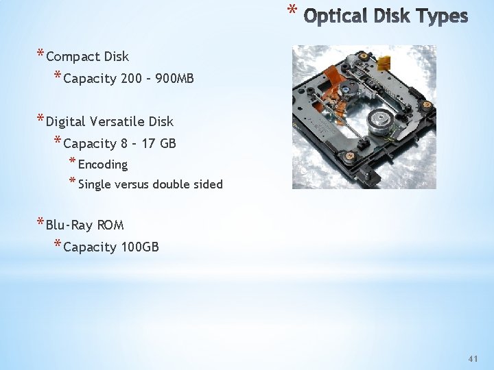 * * Compact Disk * Capacity 200 – 900 MB * Digital Versatile Disk