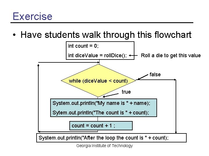 Exercise • Have students walk through this flowchart int count = 0; int dice.