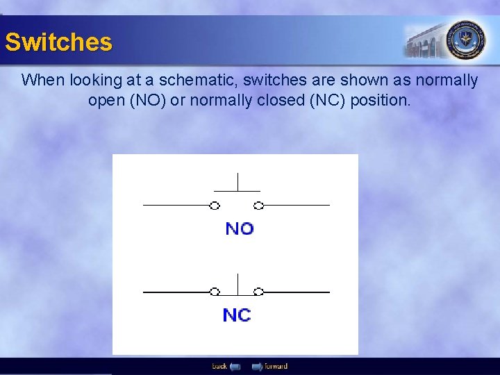 Switches When looking at a schematic, switches are shown as normally open (NO) or