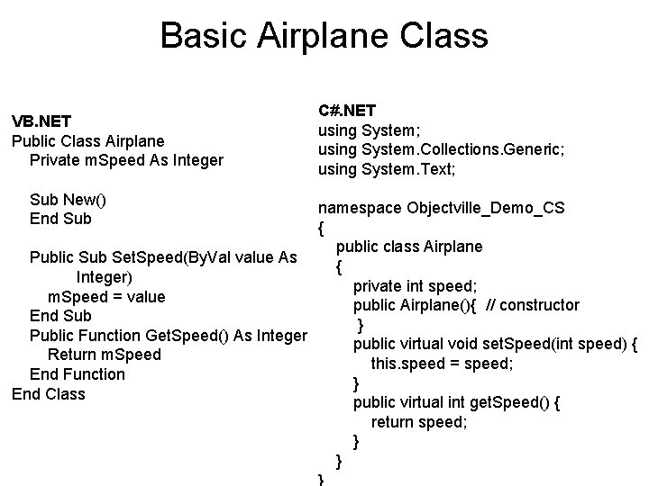 Basic Airplane Class VB. NET Public Class Airplane Private m. Speed As Integer Sub