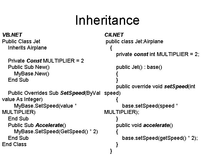 Inheritance VB. NET Public Class Jet Inherits Airplane Private Const MULTIPLIER = 2 Public