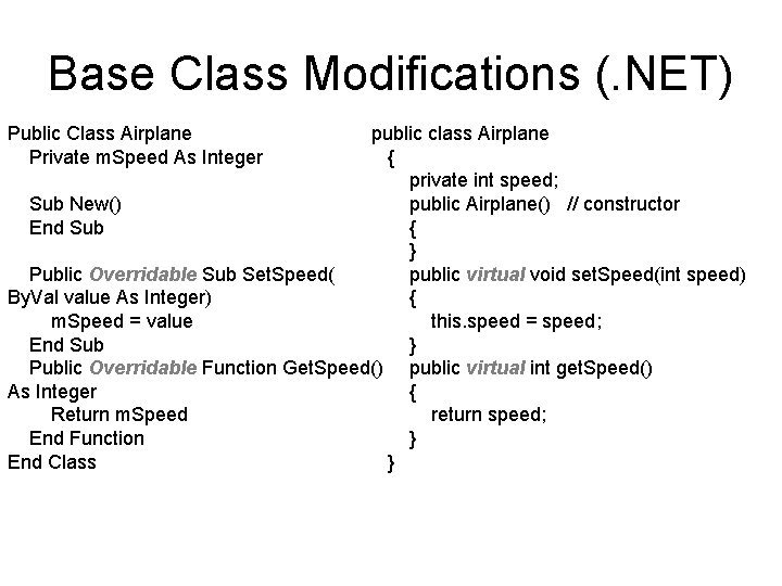 Base Class Modifications (. NET) Public Class Airplane Private m. Speed As Integer public