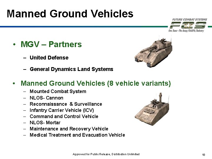 Manned Ground Vehicles • MGV – Partners – United Defense – General Dynamics Land