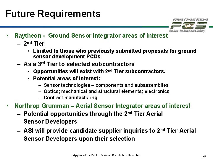 Future Requirements • Raytheon - Ground Sensor Integrator areas of interest – 2 nd