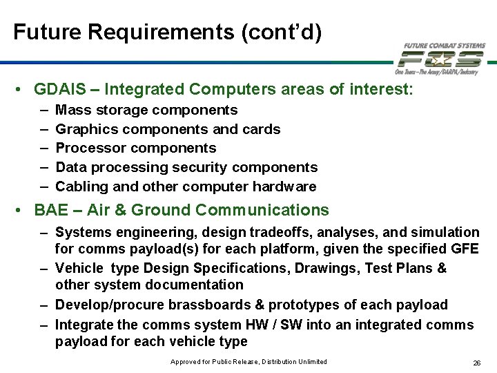 Future Requirements (cont’d) • GDAIS – Integrated Computers areas of interest: – – –