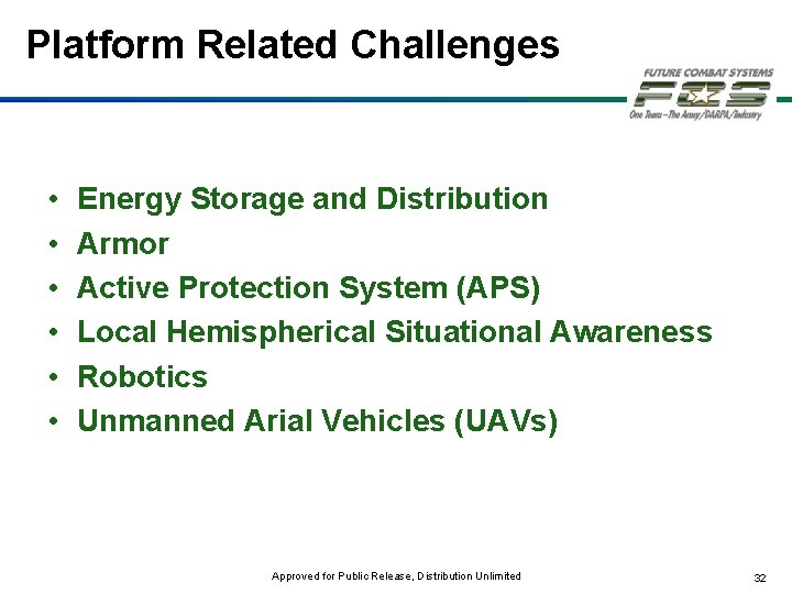 Platform Related Challenges • • • Energy Storage and Distribution Armor Active Protection System