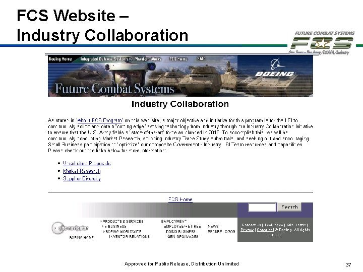 FCS Website – Industry Collaboration Approved for Public Release, Distribution Unlimited 37 