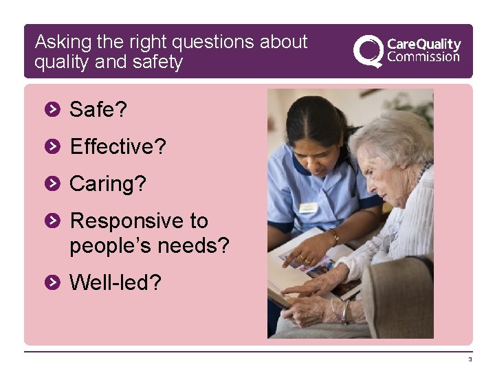 Asking the right questions about quality and safety Safe? Effective? Caring? Responsive to people’s