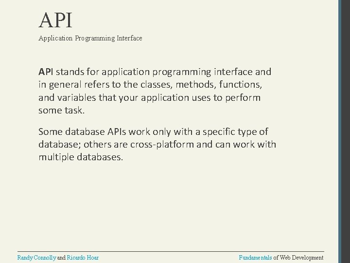 API Application Programming Interface API stands for application programming interface and in general refers