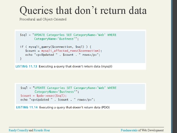 Queries that don’t return data Procedural and Object-Oriented Randy Connolly and Ricardo Hoar Fundamentals