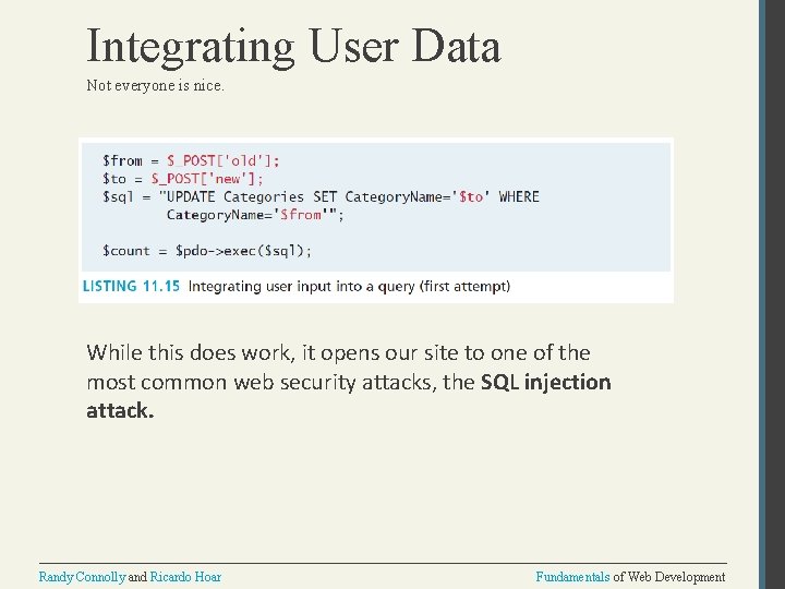 Integrating User Data Not everyone is nice. While this does work, it opens our