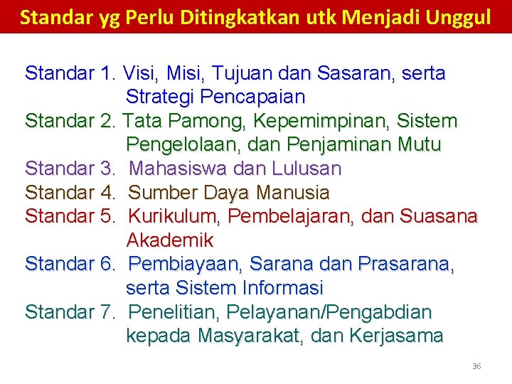 Standar yg Perlu Ditingkatkan utk Menjadi Unggul Standar 1. Visi, Misi, Tujuan dan Sasaran,