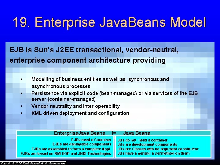 19. Enterprise Java. Beans Model EJB is Sun’s J 2 EE transactional, vendor-neutral, enterprise