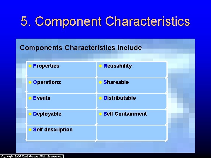 5. Component Characteristics Components Characteristics include l Properties l Reusability l Operations l Shareable