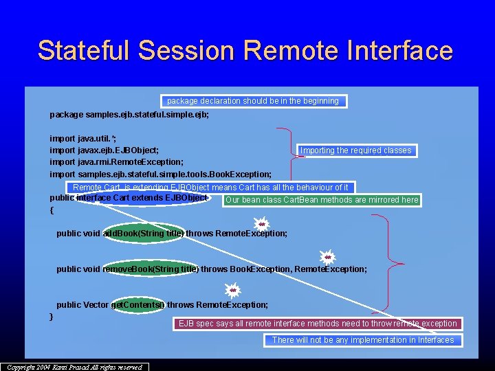 Stateful Session Remote Interface package declaration should be in the beginning package samples. ejb.