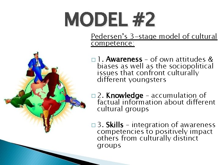 MODEL #2 Pedersen’s 3 -stage model of cultural competence: � 1. Awareness – of