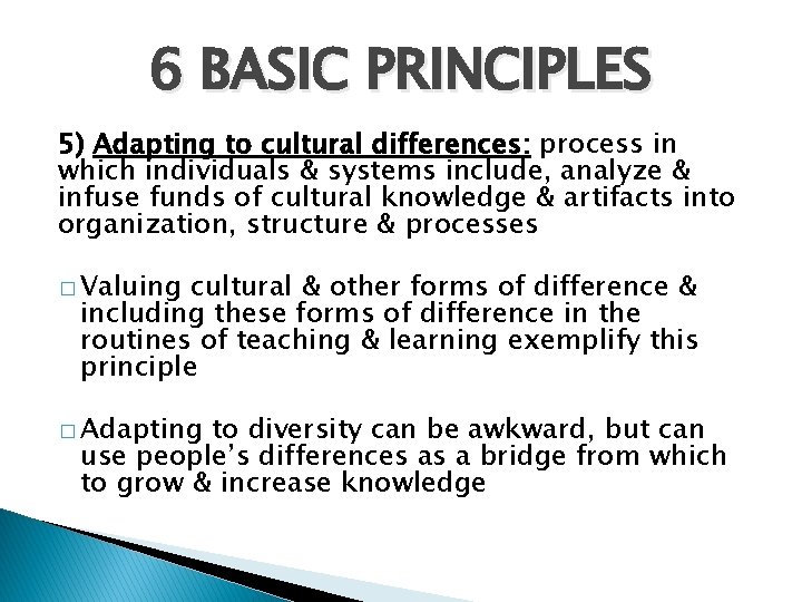6 BASIC PRINCIPLES 5) Adapting to cultural differences: process in which individuals & systems