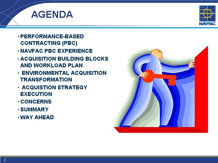 AGENDA • PERFORMANCE-BASED CONTRACTING (PBC) • NAVFAC PBC EXPERIENCE • ACQUISITION BUILDING BLOCKS AND