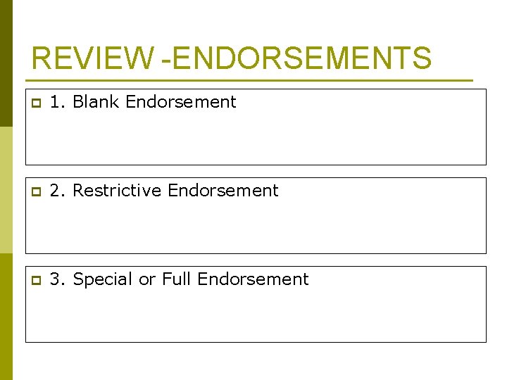REVIEW -ENDORSEMENTS p 1. Blank Endorsement p 2. Restrictive Endorsement p 3. Special or