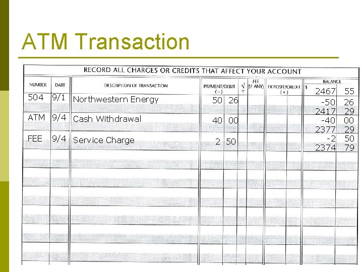ATM Transaction 504 9/1 Northwestern Energy ATM 9/4 Cash Withdrawal FEE 9/4 Service Charge