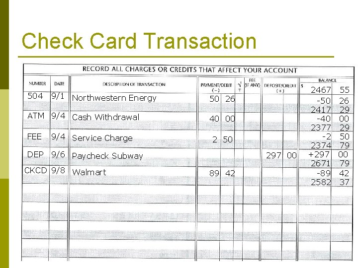 Check Card Transaction 504 9/1 Northwestern Energy ATM 9/4 Cash Withdrawal FEE 9/4 Service