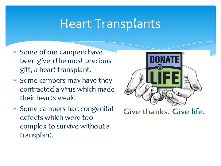 Heart Transplants Some of our campers have been given the most precious gift, a