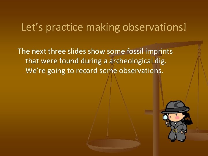 Let’s practice making observations! The next three slides show some fossil imprints that were