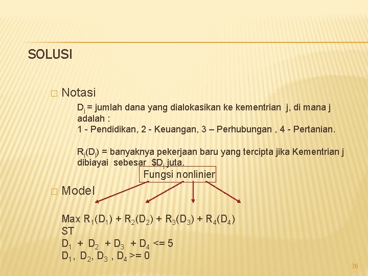 SOLUSI � Notasi Dj = jumlah dana yang dialokasikan ke kementrian j, di mana